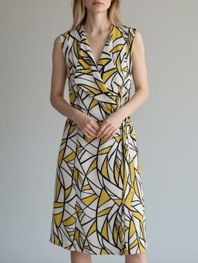 Lino USA Linen Blend Yellow & White Geometric Wrap Dress Womens L Boho Retro 90s
